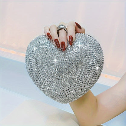 Sparkling Rhinestone Heart Evening Bag, Elegant Shiny Dinner Clutch Purse MyFave Boutique