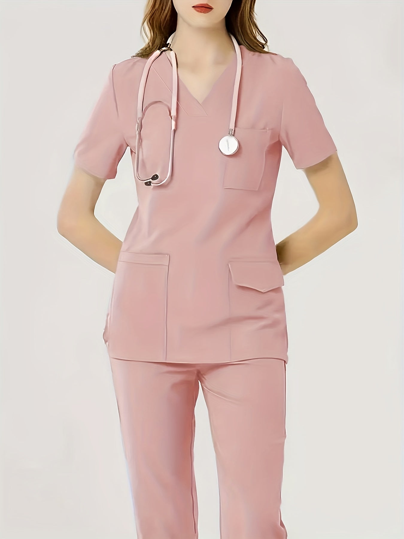 Comfortable & Functional Matching Two-piece Set, Pockets V-neck Top & Solid Pants Health Care Uniform, Women's Clothing MyFave Boutique