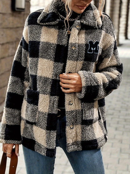 Plaid Pattern Button Fuzzy Lapel Coat, Elegant Thermal Long Sleeve Coat For Fall & Winter, Women's Clothing MyFave Boutique