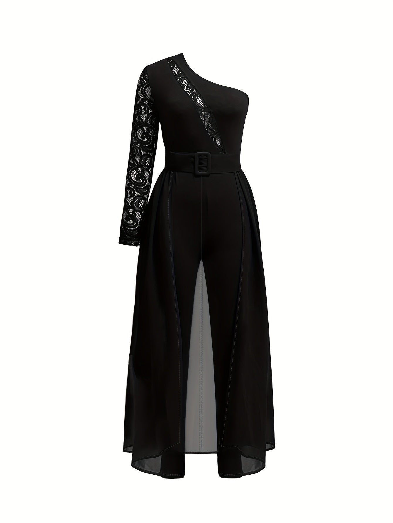 Lace & Trim Splicing One Shoulder Jumpsuit, Elegant Belted Long Sleeve Slim Jumpsuit For Spring & Fall, Women's Clothing MyFave Boutique