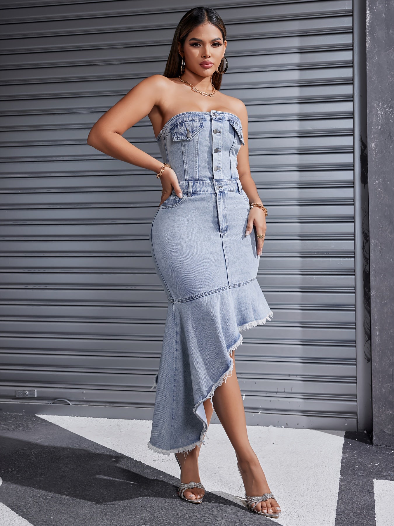 2024 Women's Sexy Denim Dress Sleeveless Halter Irregular Denim Dress Women's Casual Sleeveless Dress Off-the-shoulder Denim Dress MyFave Boutique