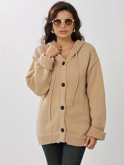 [Elegant Directional Plus Size Medium Long Hooded Knitted Sweater Cardigan Autumn And Winter Casual Loose Women's Solid Color Sweater Jacket Top] MyFave Boutique