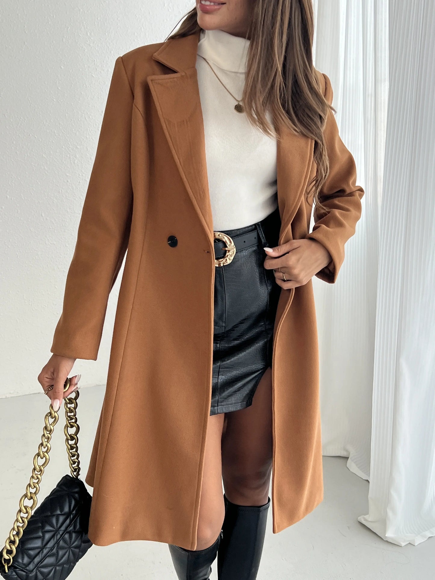 Double-breasted Lapel A-line Coat, Elegant Solid Long Sleeve Longline Coat For Fall & Winter, Women's Clothing MyFave Boutique