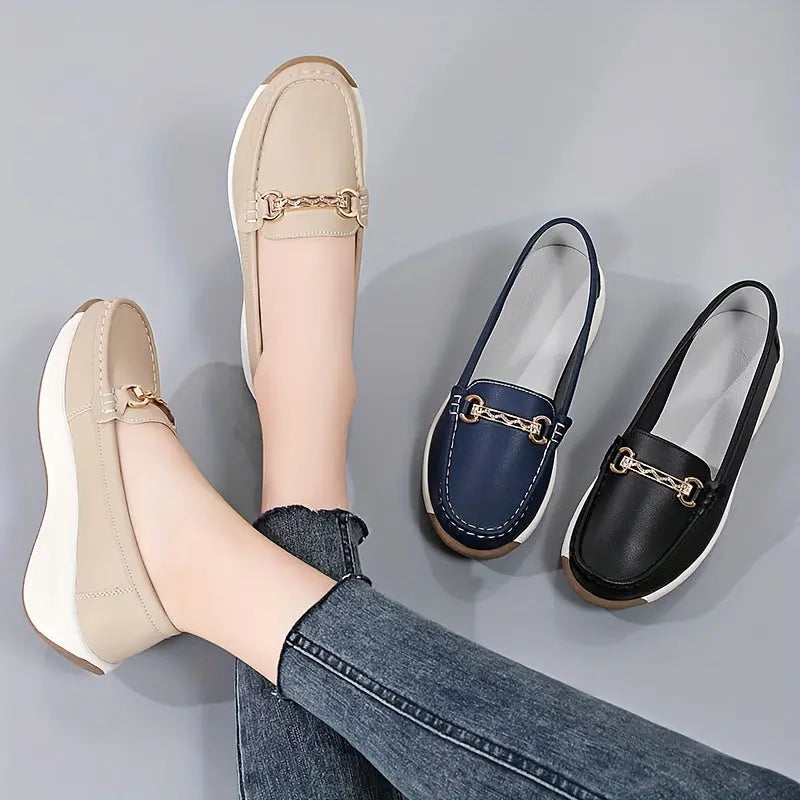 Women's Buckle Detail Loafers, Round Toe Slip-On Flats with Soft Sole, Solid Color MyFave Boutique