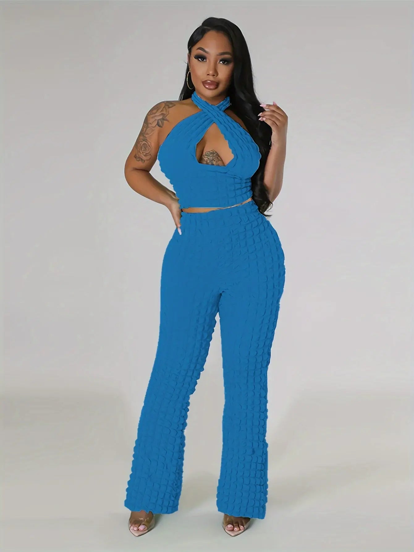 High Quality Sleeveless Hanging Neck Crop Tops Sexy Backless Long Pants Popcorn Bubble Womens Summer Two Piece Pants MyFave Boutique