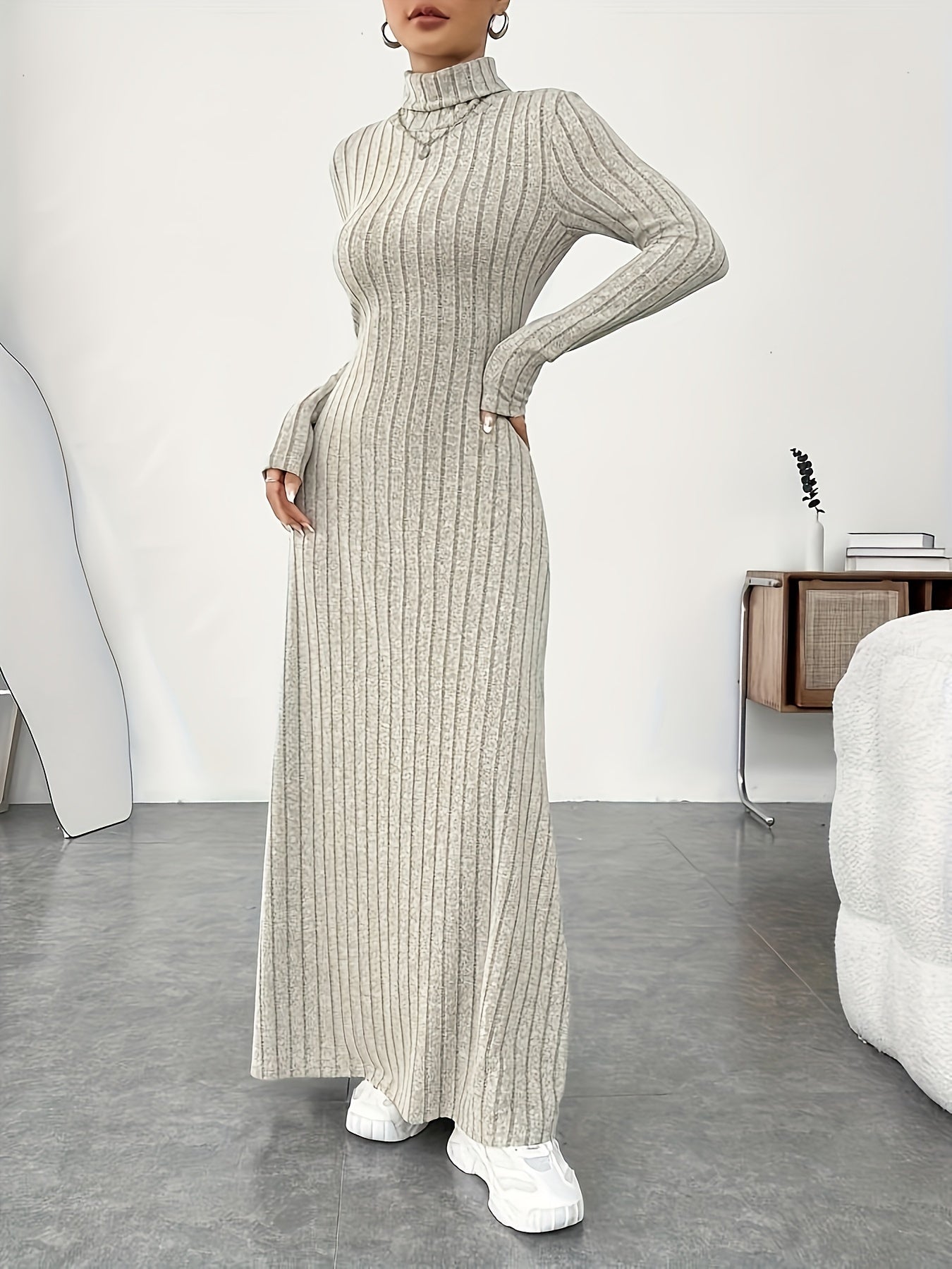 Solid Color Turtle Neck Ribbed Dress, Elegant Long Sleeve Flared Maxi Dress For Spring & Fall, Women's Clothing MyFave Boutique