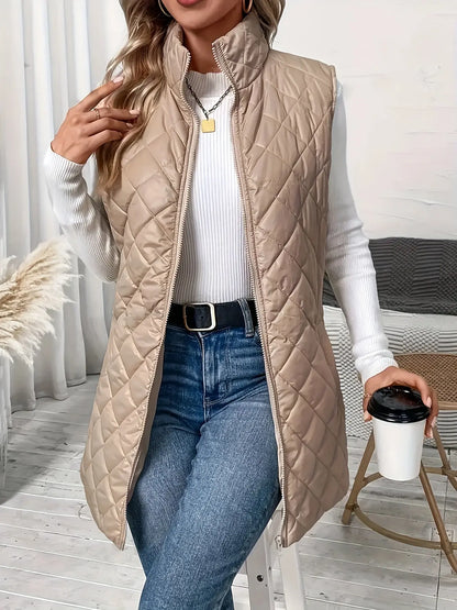 Quilted Zip Up Fluffy Vest Jacket, Casual Sleeveless Warm Gilet Jacket For Fall & Winter, Women's Clothing MyFave Boutique