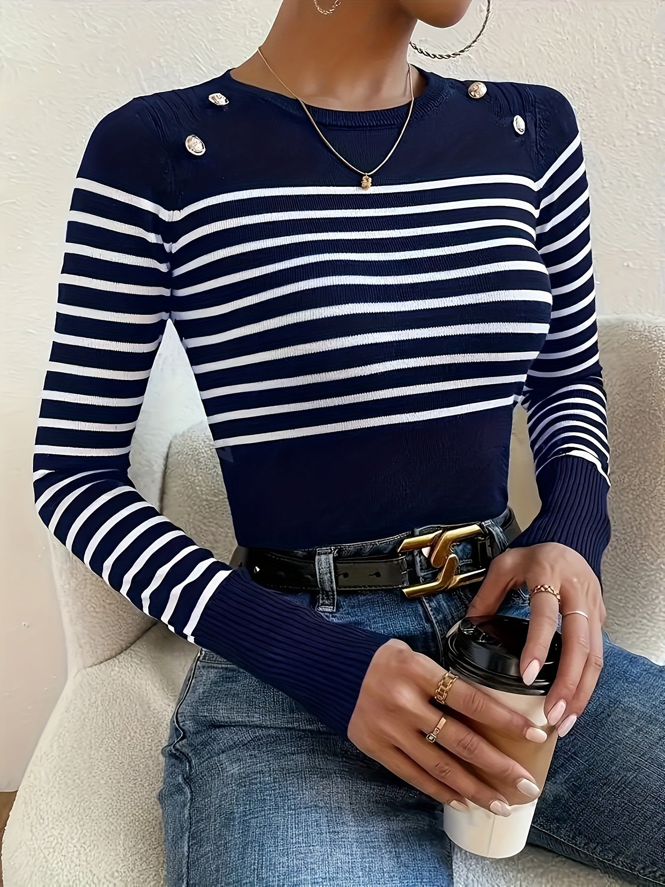 Striped Slim Crew Neck Sweater, Elegant Button Decor Long Sleeve Sweater For Fall & Winter, Women's Clothing MyFave Boutique