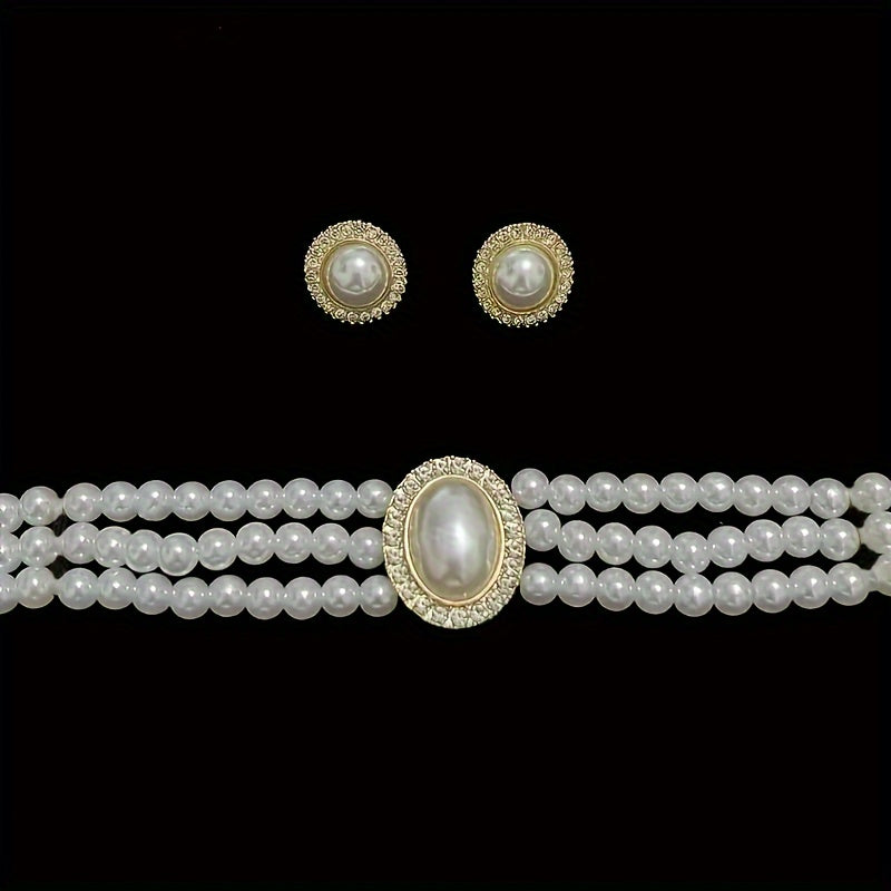 Court Style Jewelry Set, Faux Pearl Necklace And Earrings, Faux Pearls Choker With Matching Stud Earrings, Fashion Accessory For Women MyFave Boutique