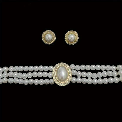 Court Style Jewelry Set, Faux Pearl Necklace And Earrings, Faux Pearls Choker With Matching Stud Earrings, Fashion Accessory For Women MyFave Boutique