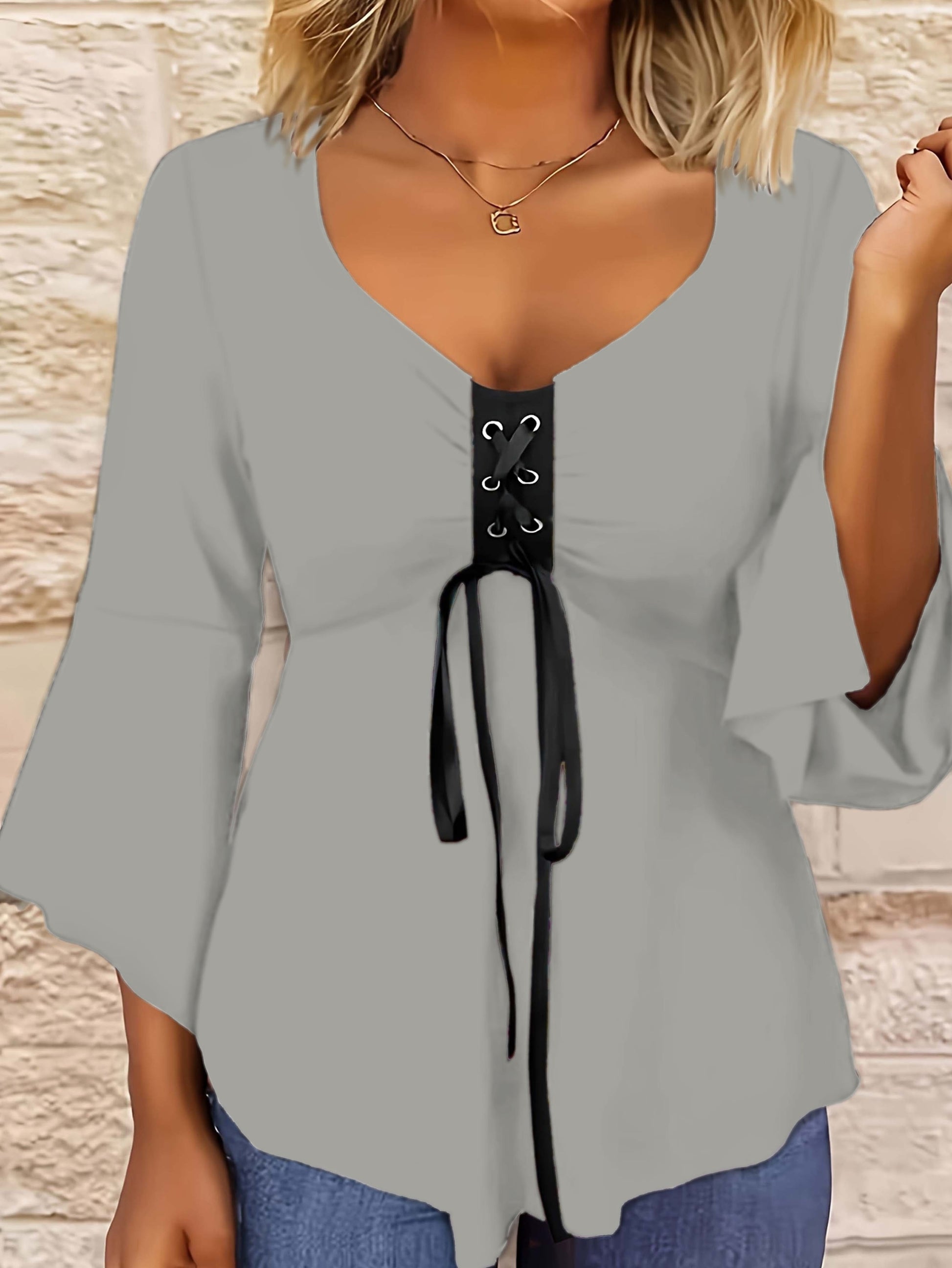 Plus Sized Crisscross Lace Up T-shirt, Elegant Bell Sleeve Ruffle Hem Top For Spring & Fall, Women's Plus Size Clothing MyFave Boutique