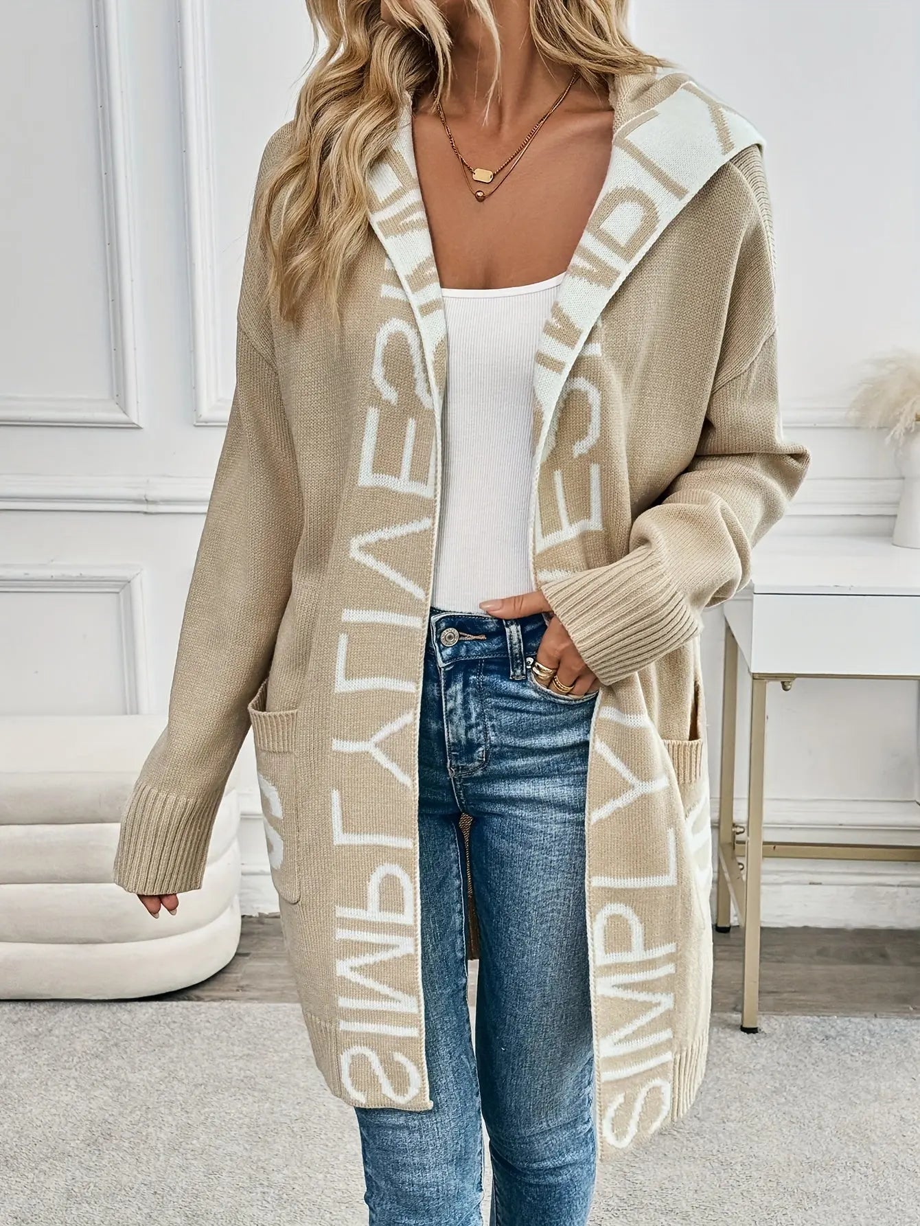 Elegant Letter Pattern Hooded Knit Cardigan with Dual Pockets - Long Sleeve, Mid-Length, Acrylic - Perfect for Fall/Winter MyFave Boutique