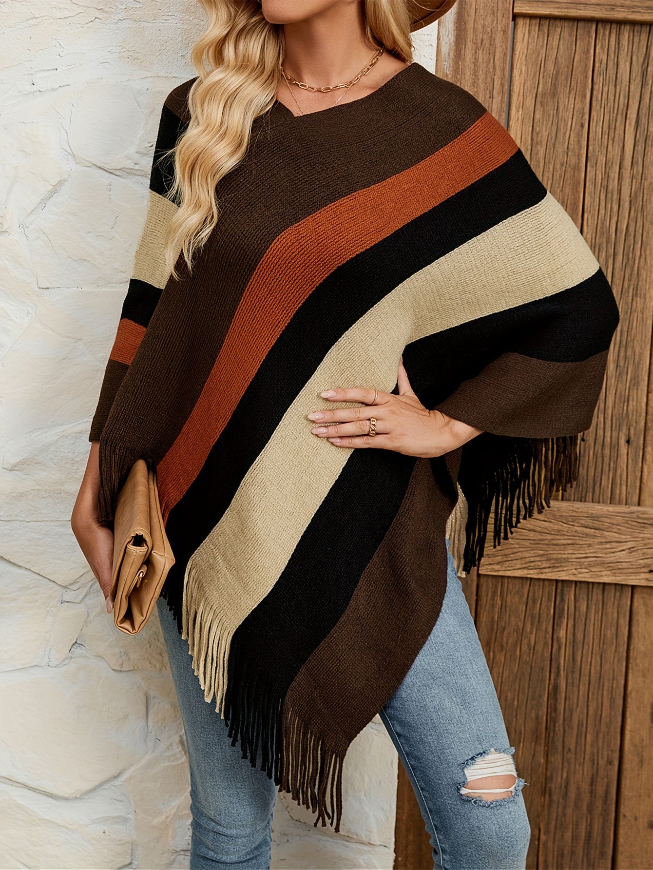 Striped Pattern Fringe Hem Poncho Sweater, Elegant Batwing Sleeve Knitted Top For Spring & Fall, Women's Clothing MyFave Boutique