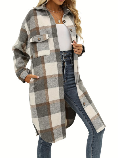 Women's Lounge Lapel Button Up Long Sleeve Plaid Long Shirt Jacket Shacket MyFave Boutique