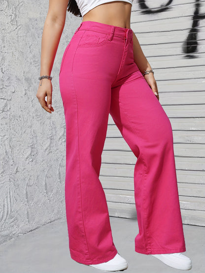 Vibrant Magenta Chic Streetwear Loose Fit Jeans - Soft Stretchy Denim, Flattering High-Waisted Design, Five Pocket Style, Women's Fashionable Denim Clothing for Casual Daily Wear MyFave Boutique