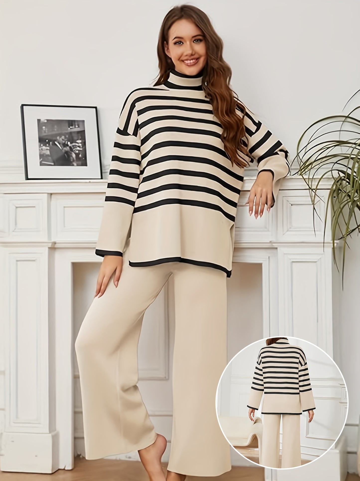 Women's Sweater Sets Long Sleeve Striped Jumper Tops Casual Knit Wide Leg Pants Sets MyFave Boutique