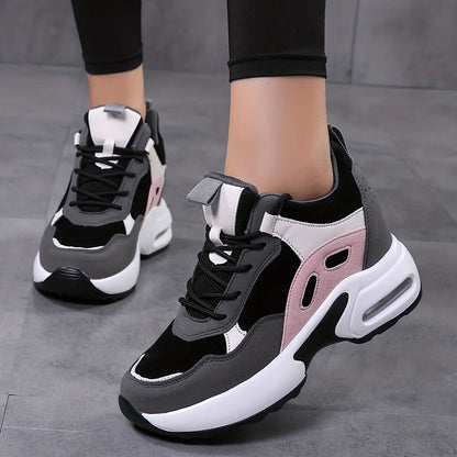 Women's Solid Color Mesh Sneakers, Lace Up Low-top Round Toe Non-slip Heightening Breathable Shoes, Versatile Comfy Shoes MyFave Boutique