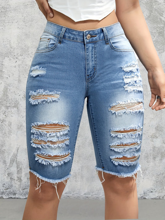 Washed Ripped Bermuda Denim Shorts - Distressed Raw Hem, Slash Pockets, Comfortable Fit - Womens Fashion Denim Jeans & Clothing for Casual Summer Outings MyFave Boutique