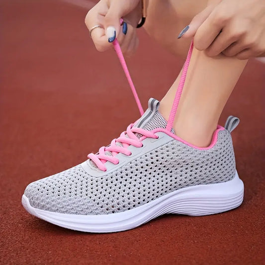 Women's Solid Color Mesh Snerakers, Lace Up Soft Sole Platform Fitness Shoes, Low-top Breathable Running Shoes MyFave Boutique