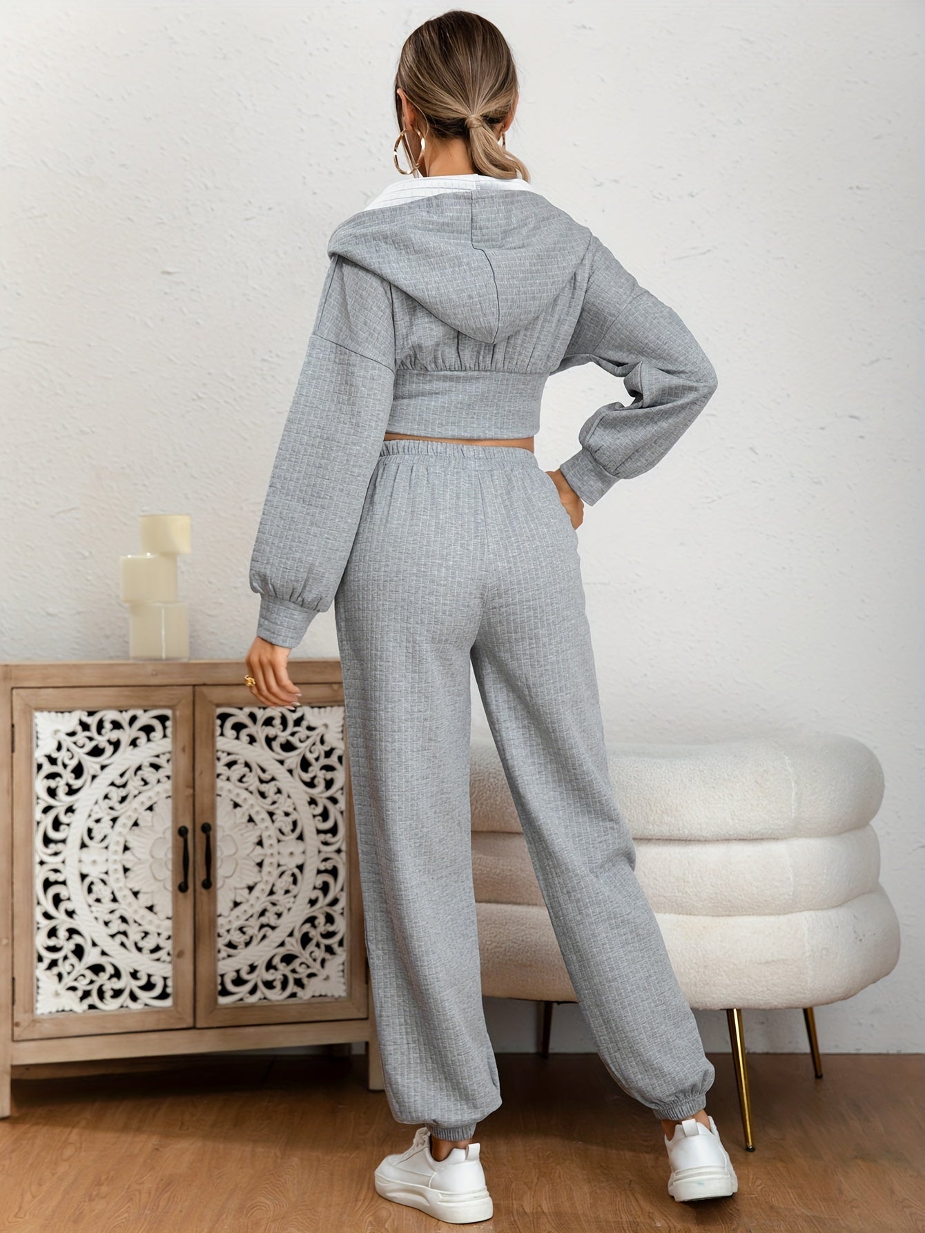 Solid Casual Two-piece Set, Zip Up Long Sleeve Hoodies & Elastic Waist Jogger Pants Outfits, Women's Clothing MyFave Boutique