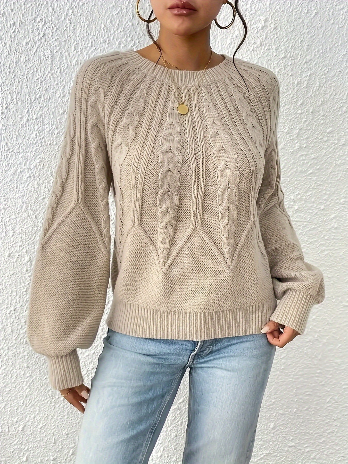 Cable Knit Crew Neck Sweater, Elegant Long Sleeve Sweater For Fall & Winter, Women's Clothing MyFave Boutique