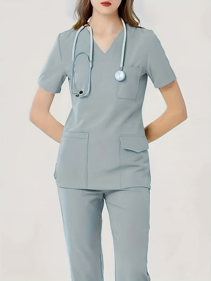 Comfortable & Functional Matching Two-piece Set, Pockets V-neck Top & Solid Pants Health Care Uniform, Women's Clothing MyFave Boutique