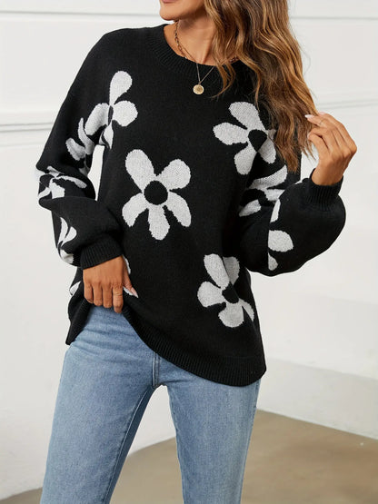 Floral Pattern Crew Neck Sweater, Elegant Long Sleeve Sweater For Fall & Winter, Women's Clothing MyFave Boutique