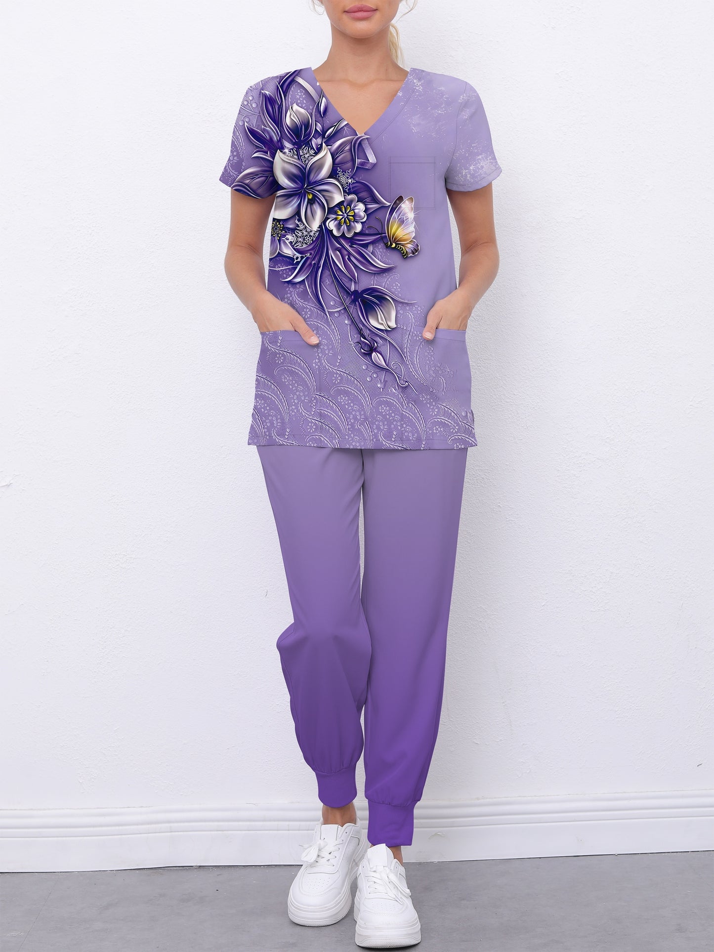 Floral Print Healthcare Uniform Set for Women: Casual V-Neck Top & Fitted Pants with Dual Pockets MyFave Boutique