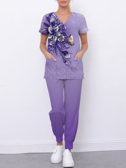 Floral Print Healthcare Uniform Set for Women: Casual V-Neck Top & Fitted Pants with Dual Pockets MyFave Boutique