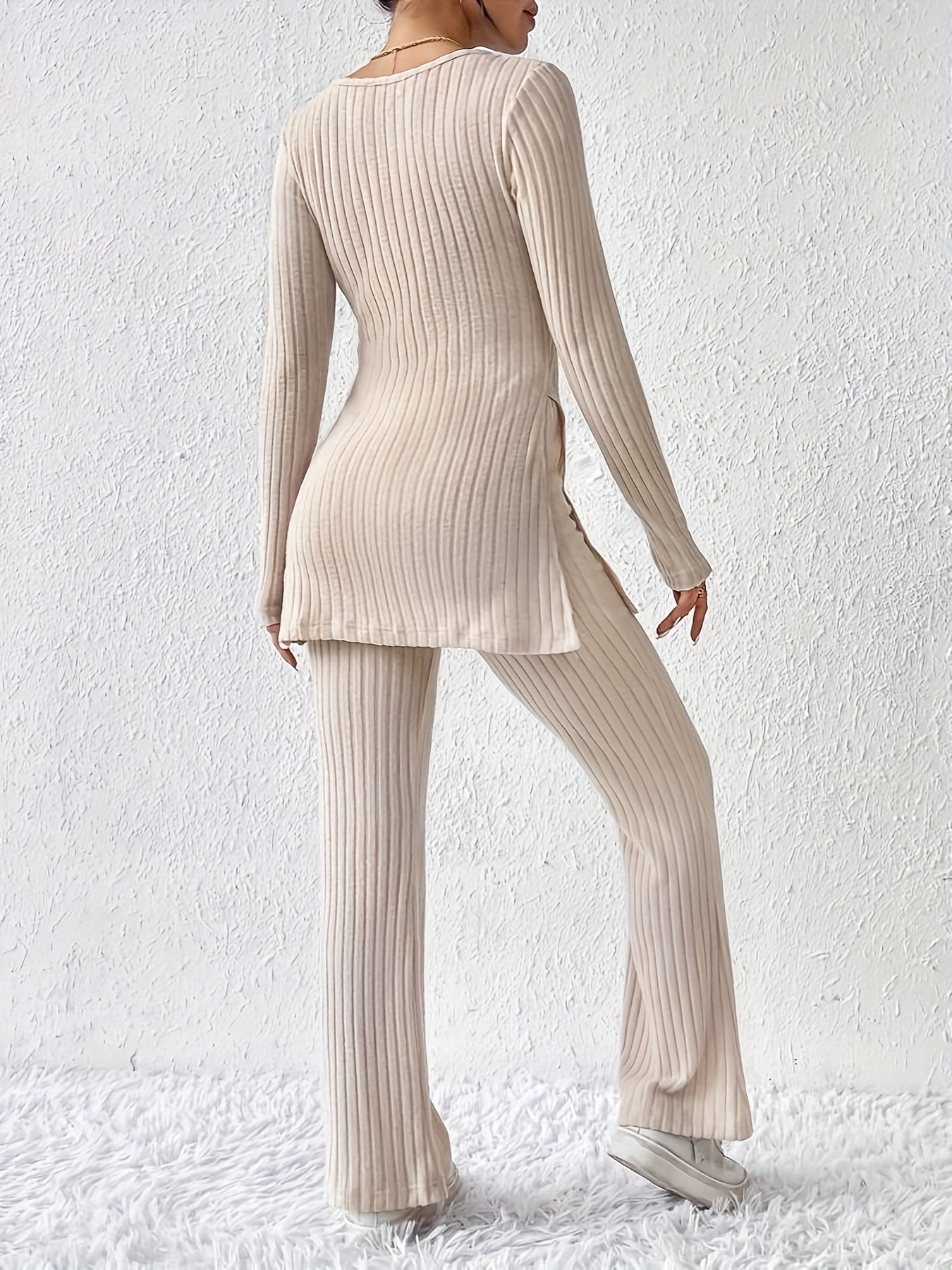 Rib Knit Slit Hem Solid Color Casual Set, Square Neck Long Sleeve Top & Straight Leg Pants, Women's Clothing MyFave Boutique