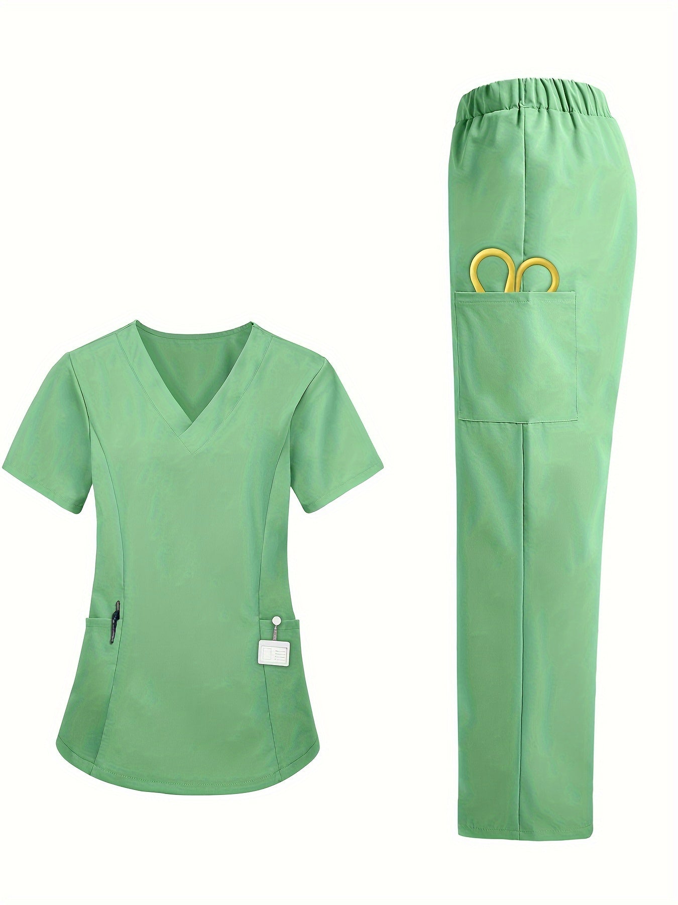 Women's and Men's Unisex Scrubs Set - V-Neck Polyester Medical Uniform with Multiple Pockets, Solid Color Short Sleeve Top and Pants, Slight Stretch Fabric, Loose-Fit, All-Season - Professional Healthcare Attire MyFave Boutique