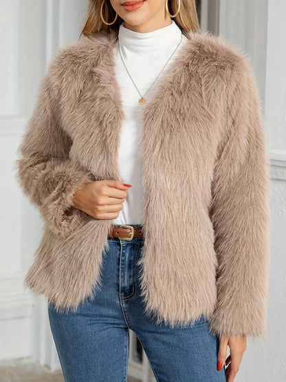 Solid Open Front Furry Cost, Elegant Long Sleeve Coat For Winter, Women's Clothing MyFave Boutique