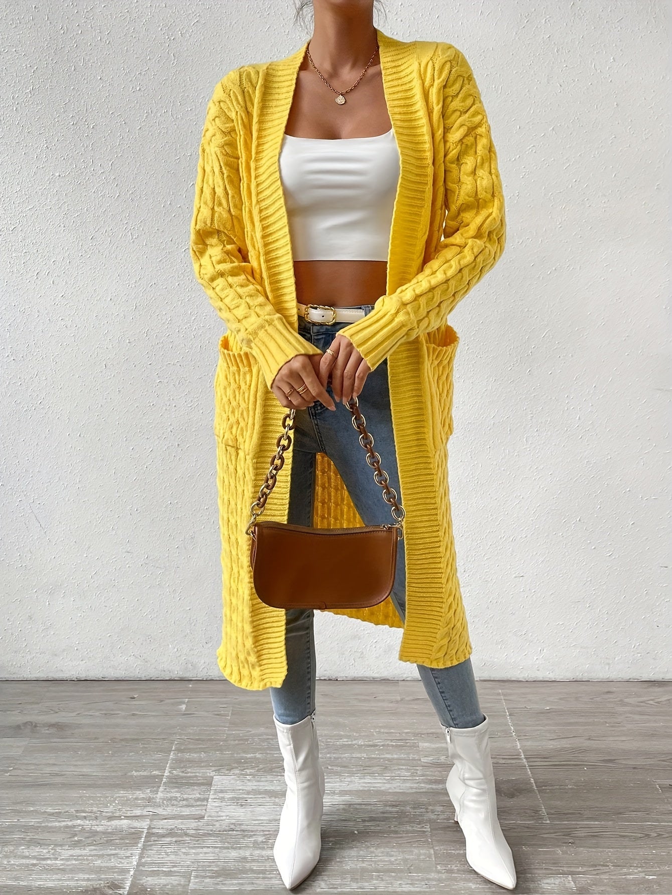 Long Sleeve Cable Knit Cardigan, Casual Drop Shoulder Open Front Cardigan For Spring & Fall, Women's Clothing MyFave Boutique