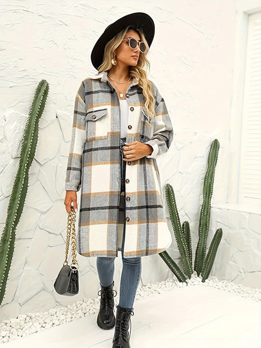 Plaid Print Button Front Long Shirt Jacket, Casual Turndown Collar Long Length Outwear For Spring & Fall, Women's Clothing MyFave Boutique