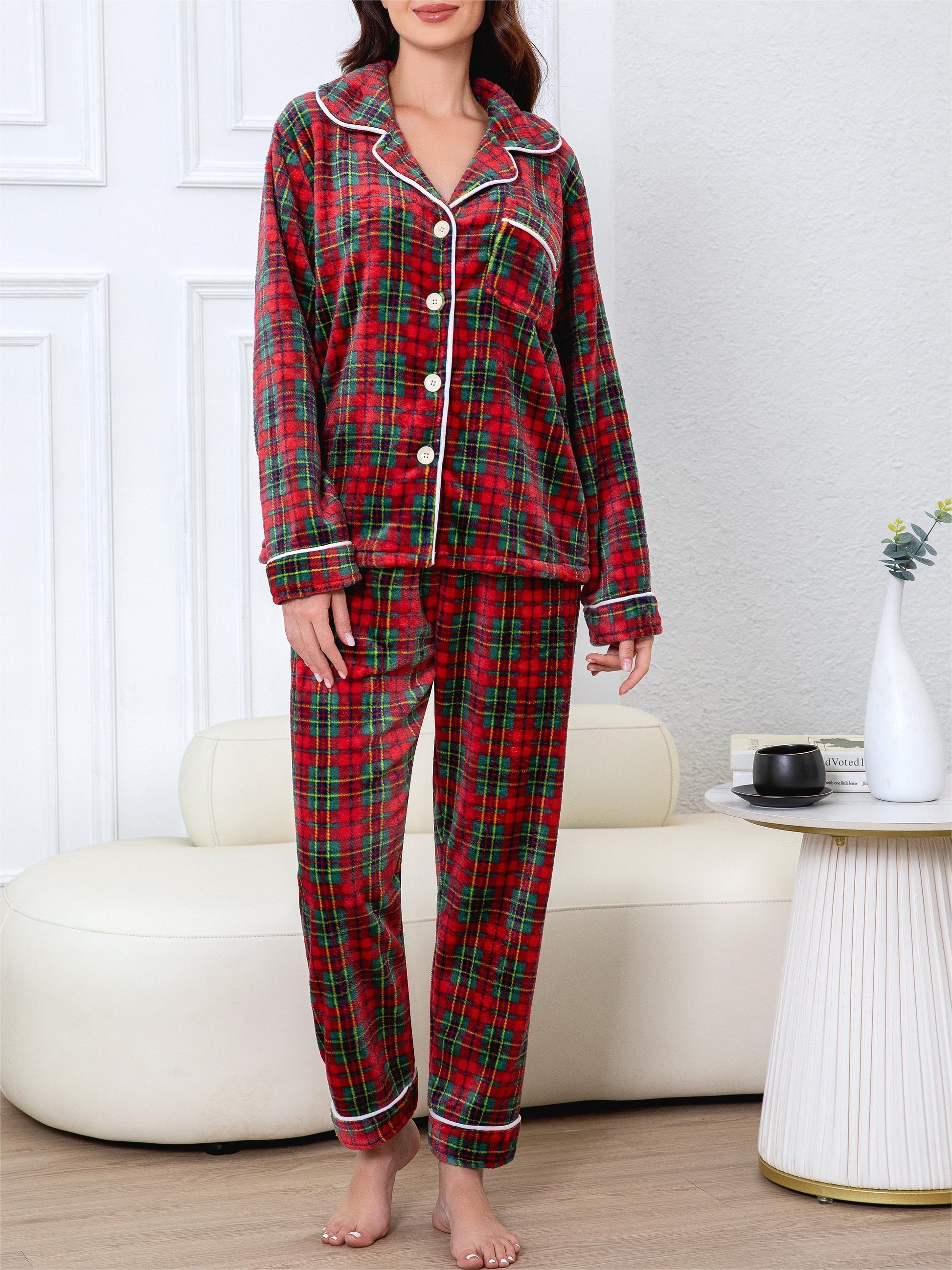 Women's Plaid Print Casual Fleece Thick Pajama Set, Long Sleeve Buttons Lapel Top & Pants, Comfortable Relaxed Fit For Fall & Winter MyFave Boutique