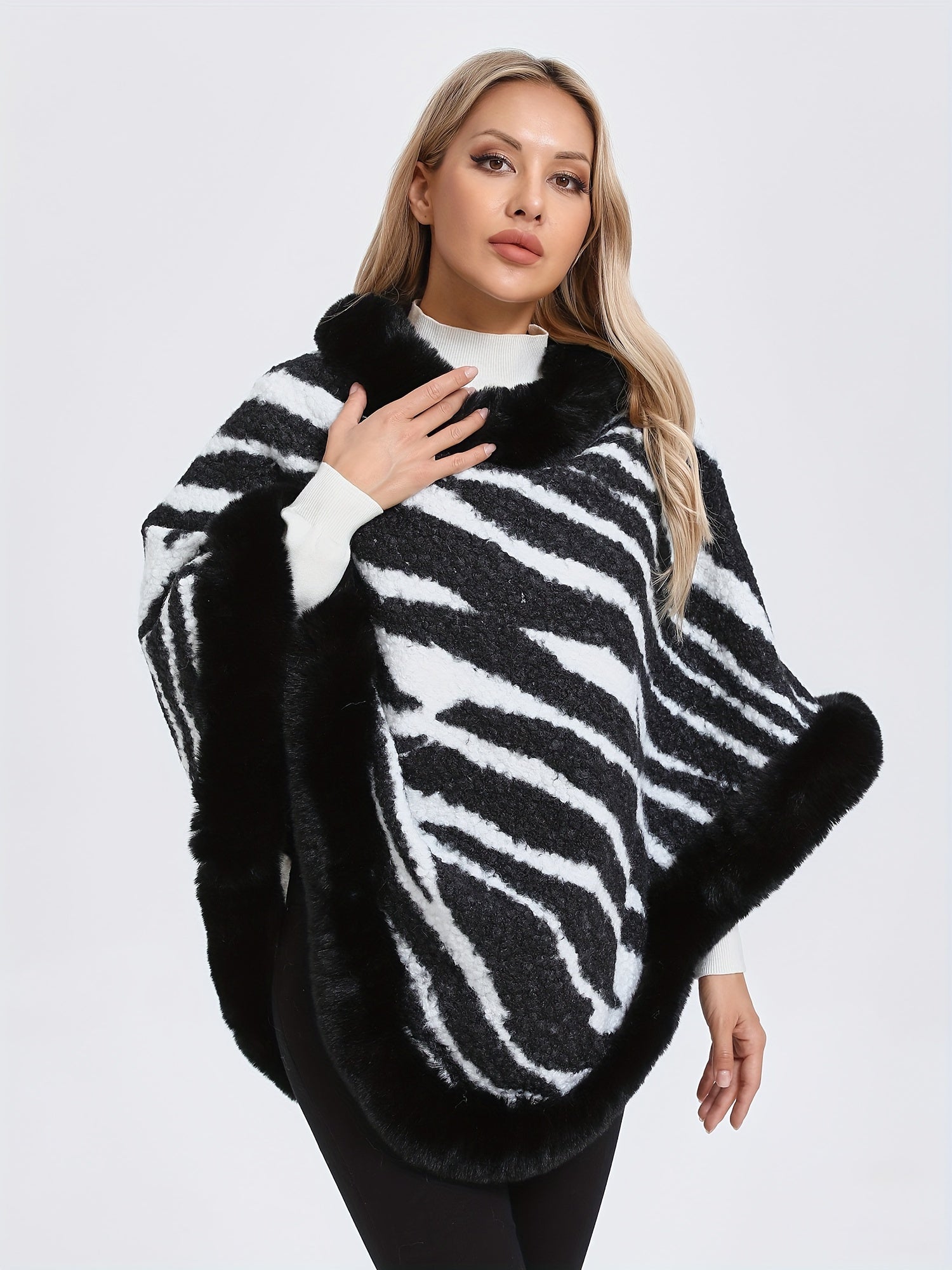 Zebra Stripe Pattern Fuzzy Trim Poncho, Elegant Thermal Hanky Hem Crew Neck Cape For Fall & Winter, Women's Clothing MyFave Boutique