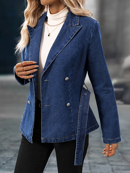 Adjustable Blet Lapel Plain Dark Washed Blue Elegant Style Denim Jacket Coat, Women's Denim Jeans & Clothing MyFave Boutique