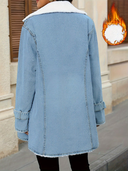 Plush Lined Thickened Lapel Long Sleeve Plain Light Washed Blue Denim Coat For Winter, Women's Denim Jeans & Clothing MyFave Boutique