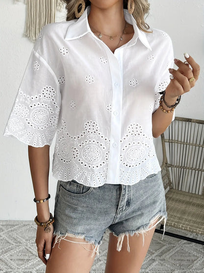 Eyelet Embroidered Button Front Shirt, Casual Short Sleeve Shirt For Spring & Summer, Women's Clothing MyFave Boutique