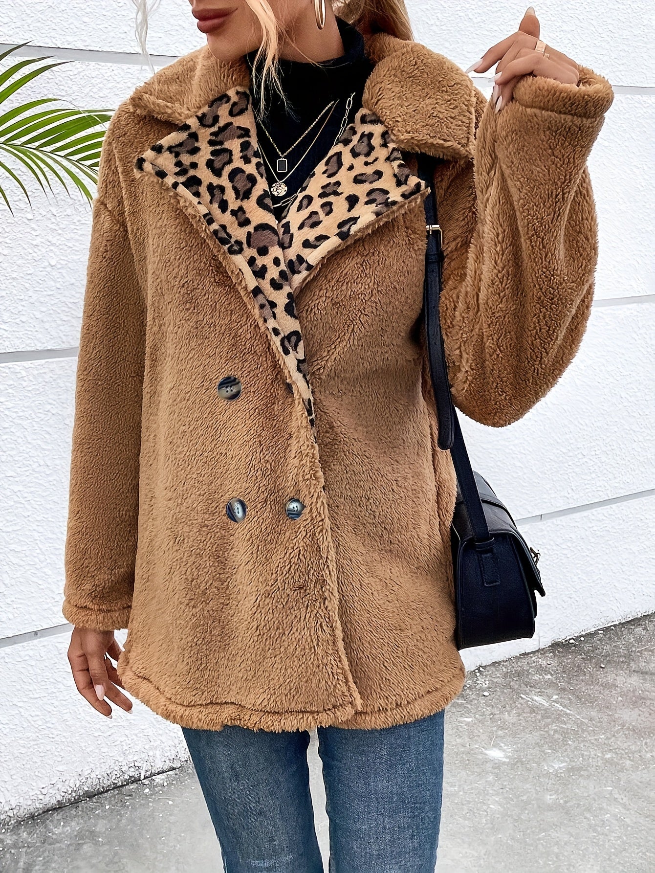 Leopard Pattern Double Breasted Fuzzy Coat, Elegant Long Sleeve Warm Outerwear For Fall & Winter, Women's Clothing MyFave Boutique