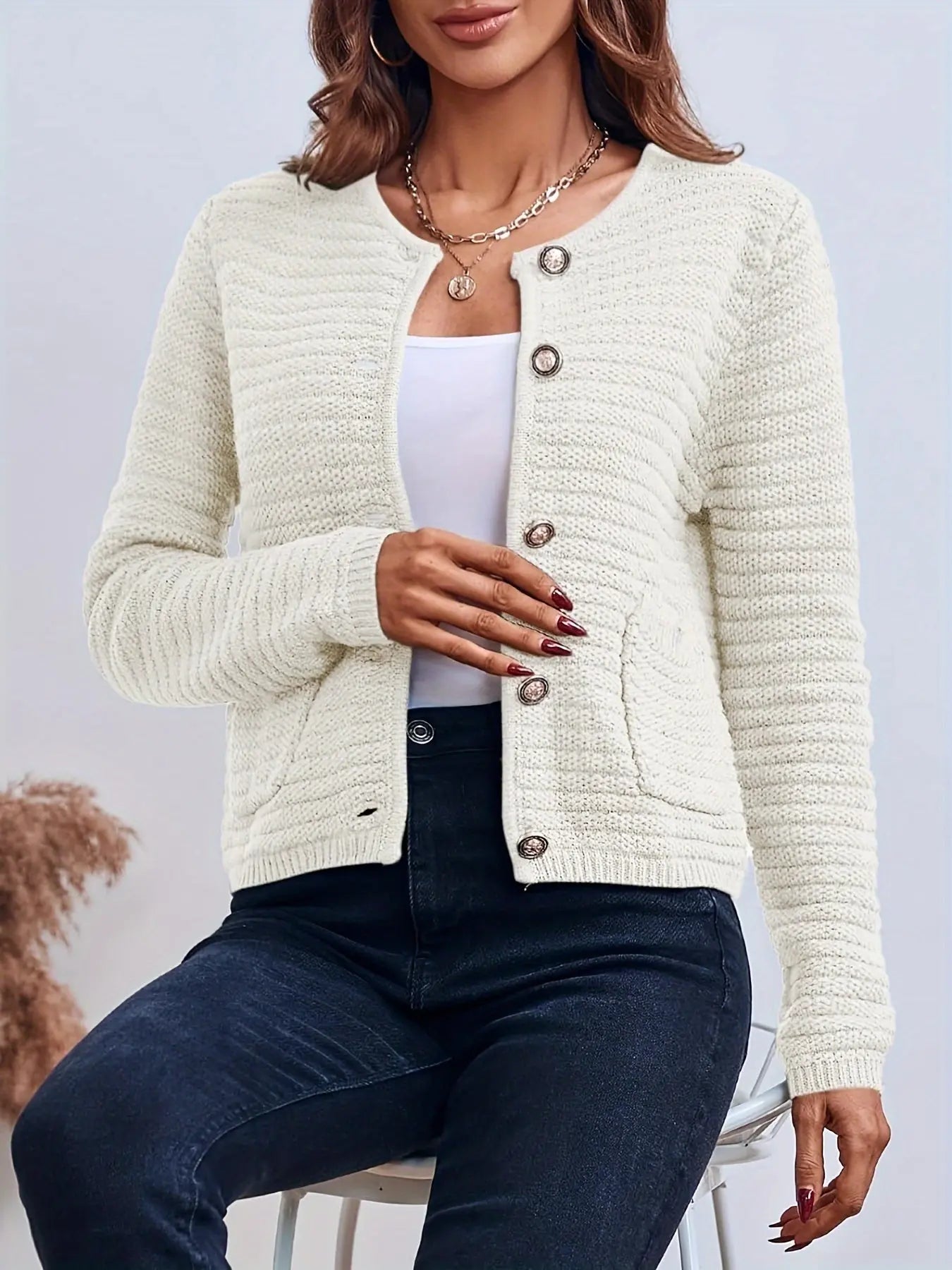 Women's Solid Color Button Front Cardigan with Side Pockets - Elegant Crew Neck Knitwear for Winter & Fall MyFave Boutique