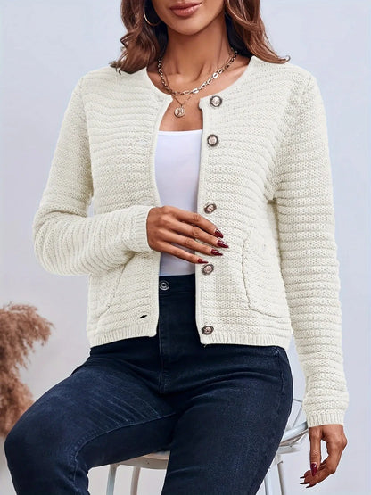 Women's Solid Color Button Front Cardigan with Side Pockets - Elegant Crew Neck Knitwear for Winter & Fall MyFave Boutique