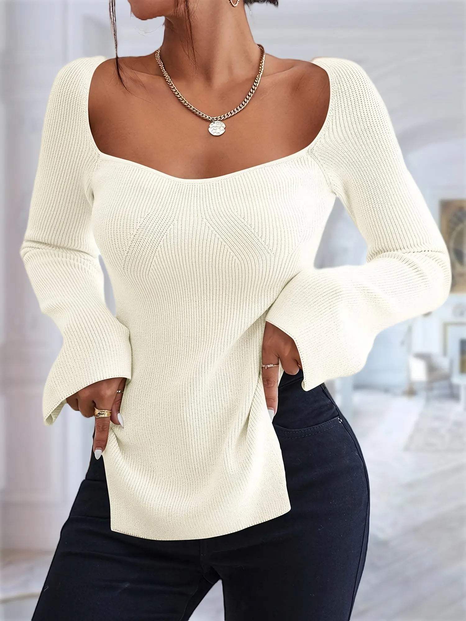 Womens Square Neck Sexy Pullover Sweaters Ribbed Knit Long Bell Sleeve Slim Fit Split Stretch Jumper Tops MyFave Boutique