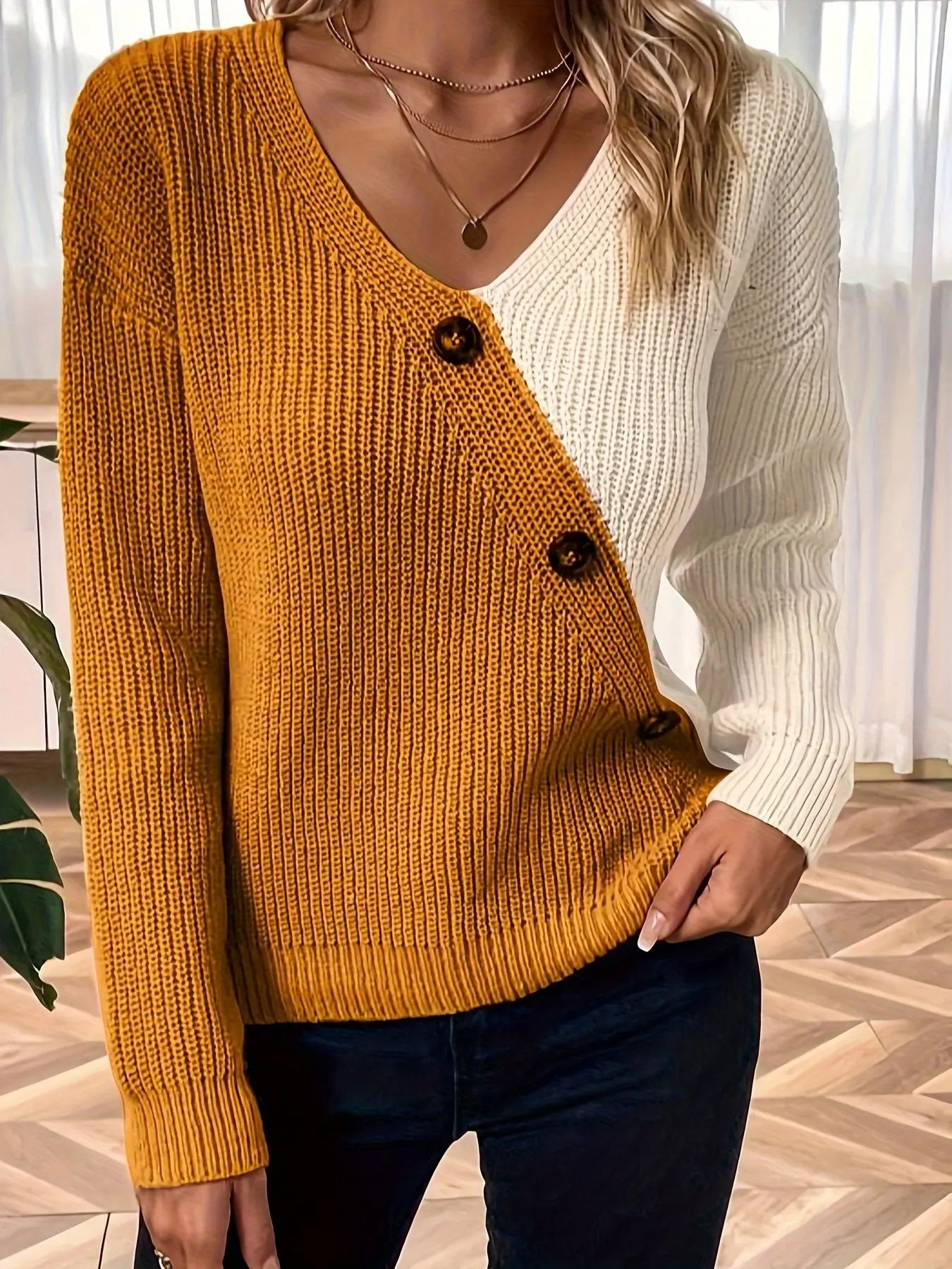 Color Block V Neck Pullover Sweater, Casual Button Long Sleeve Drop Shoulder Sweater, Women's Clothing MyFave Boutique