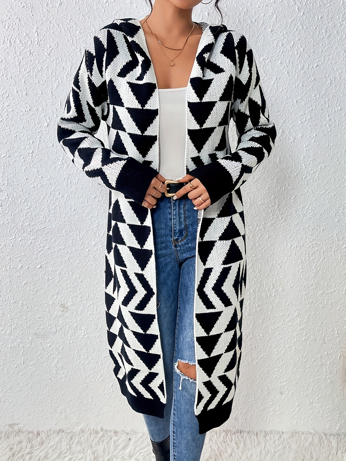 Color Block Long Sleeve Hooded Cardigan, Stylish Geo Pattern Open Front Cardigan For Fall & Winter, Women's Clothing MyFave Boutique