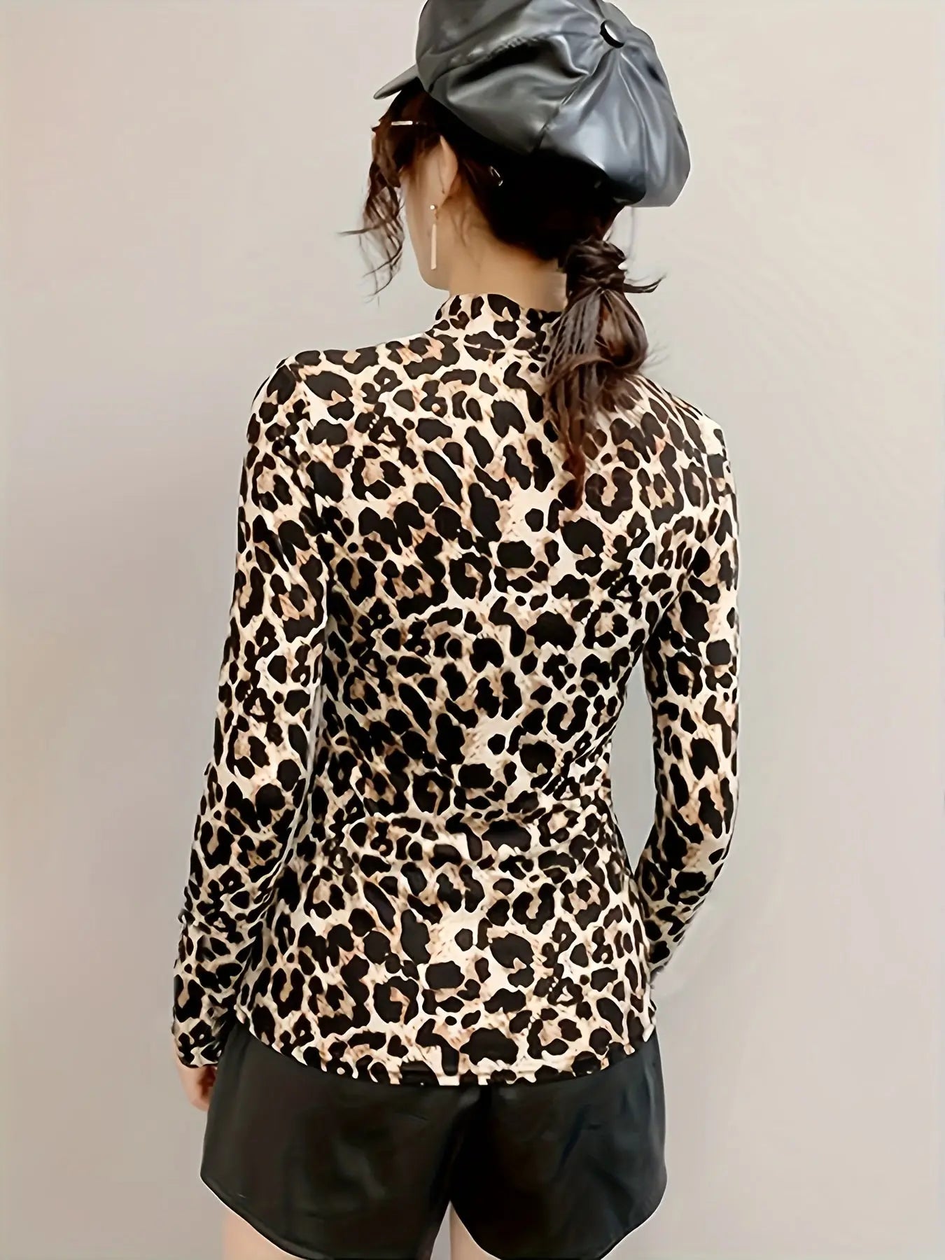 Leopard Print Illusion Neckline Long Sleeve T-Shirt for Women, Spring/Fall Fashion Mock Neck Top MyFave Boutique