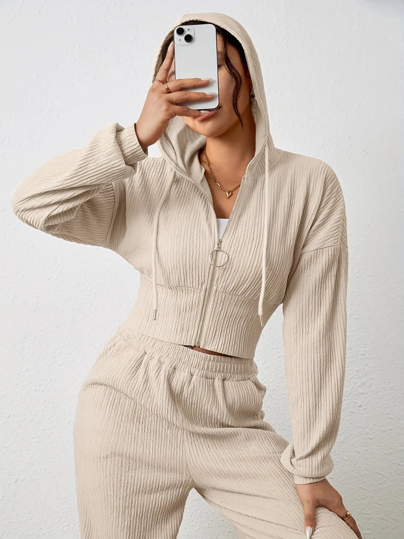 Elegant Women's Hooded Polyester Knit Pantsuit with Long Sleeve Zipper Jacket and Wide-Leg Pants – Solid Color, Stretch Fabric Blend (95% Polyester, 5% Elastane), Suitable for Spring and Fall MyFave Boutique