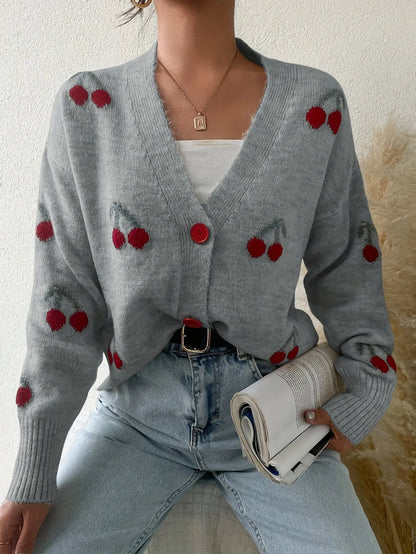 Elegant Acrylic Sweater Cardigan with Color Block Cherry Pattern, V-Neck Knit Fabric Pullover for All Seasons MyFave Boutique