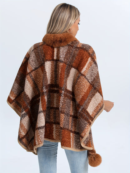 Plaid Pattern Batwing Sleeve Gathered Cape, Elegant Open Front Fuzzy Trim Pom Hem Cardigan For Fall & Winter, Women's Clothing MyFave Boutique