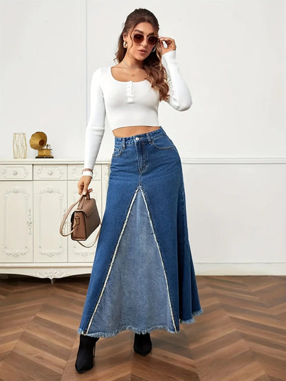 Two Tone Patchwork Denim Midi Skirt, Frayed Hem Slant Pockets Chic Denim Skirt, Women's Denim Clothing MyFave Boutique